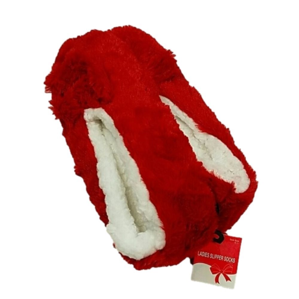 NWT Vibrant Red Faux Fur Cozy Slipper Socks White Fleece Lining - Picture 2 of 5
